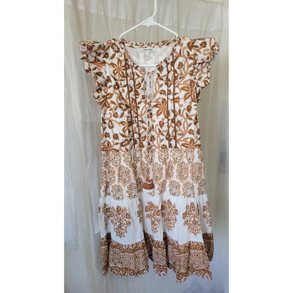 CELINA MOON Floss Floral Mini Dress Brown white Sz S Anthropologie pockets
